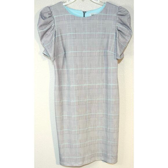 Shelby & Palmer SZ 14 Plaid Gray Turquoise Dress Puff Sleeves Womens Church Work - Picture 1 of 7